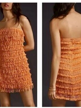 NWT Anthropologie Let Me Be Fringe Strapless Mini Dress Large Orange Textured